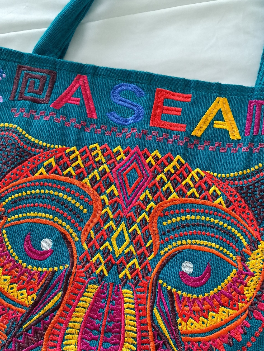 Teal Embroidered Tiger Tote Bag Colorful Tribal Top Zipper Two Back Compartment - Picture 4 of 14